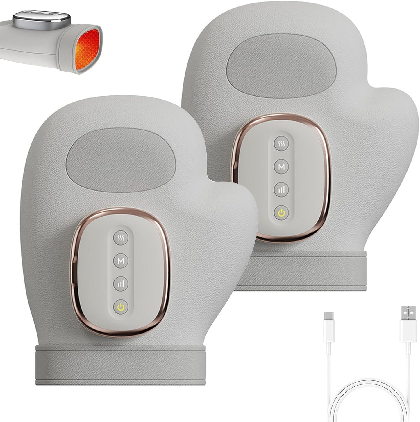 Pair of gray massage gloves with control panels and a USB cable on a white background