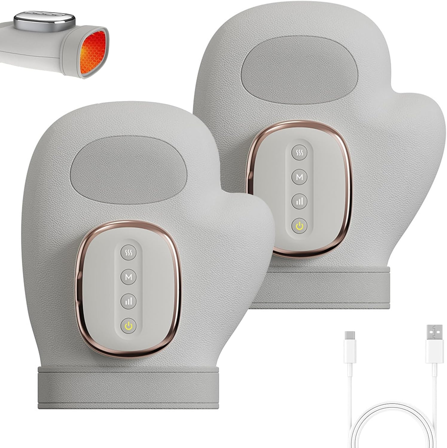 Pair of gray massage gloves with control panels and a USB cable on a white background
