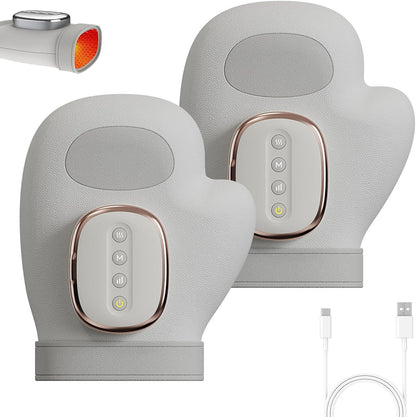Pair of gray massage gloves with control panels and a USB cable on a white background