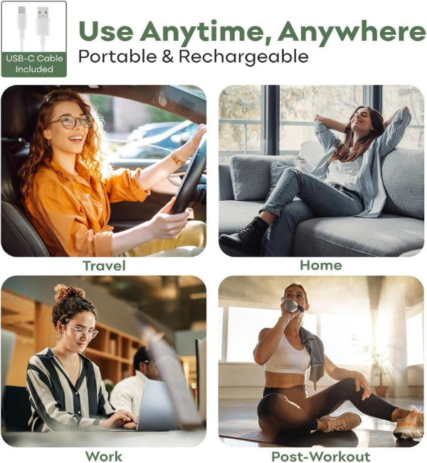 Collage of a woman using a product in various settings with text 'Use Anytime, Anywhere, Portable & Rechargeable'.